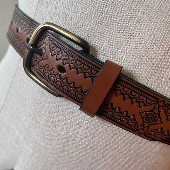 Brown Faux Leather Tooled Belt Vegan Casual Unisex - Picture 4 of 8